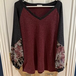 First Love Women's Burgundy and Charcoal Floral Sleeve Hoodie